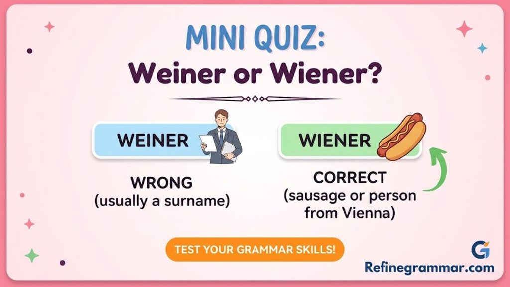 Mini quiz graphic testing the correct spelling of Wiener versus Weiner