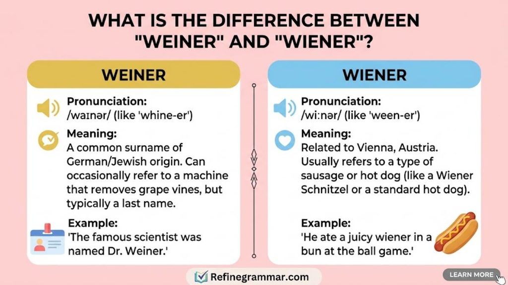 Visual comparison explaining the spelling difference between Wiener and Weiner with definitions and examples