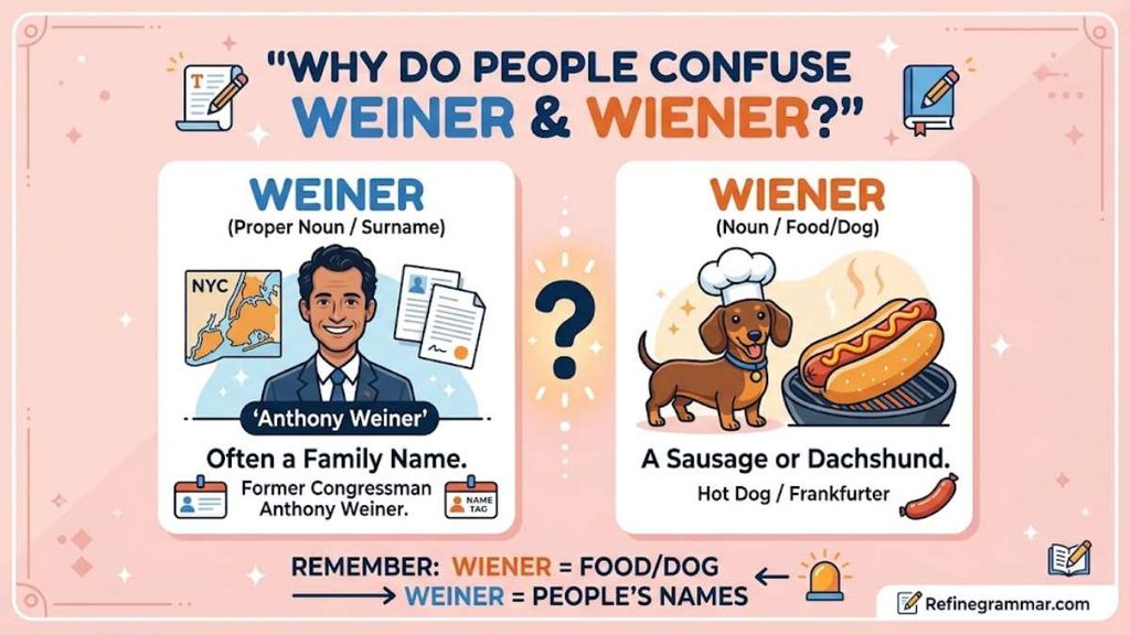 Common spelling confusion between Weiner and Wiener explained with visual reference